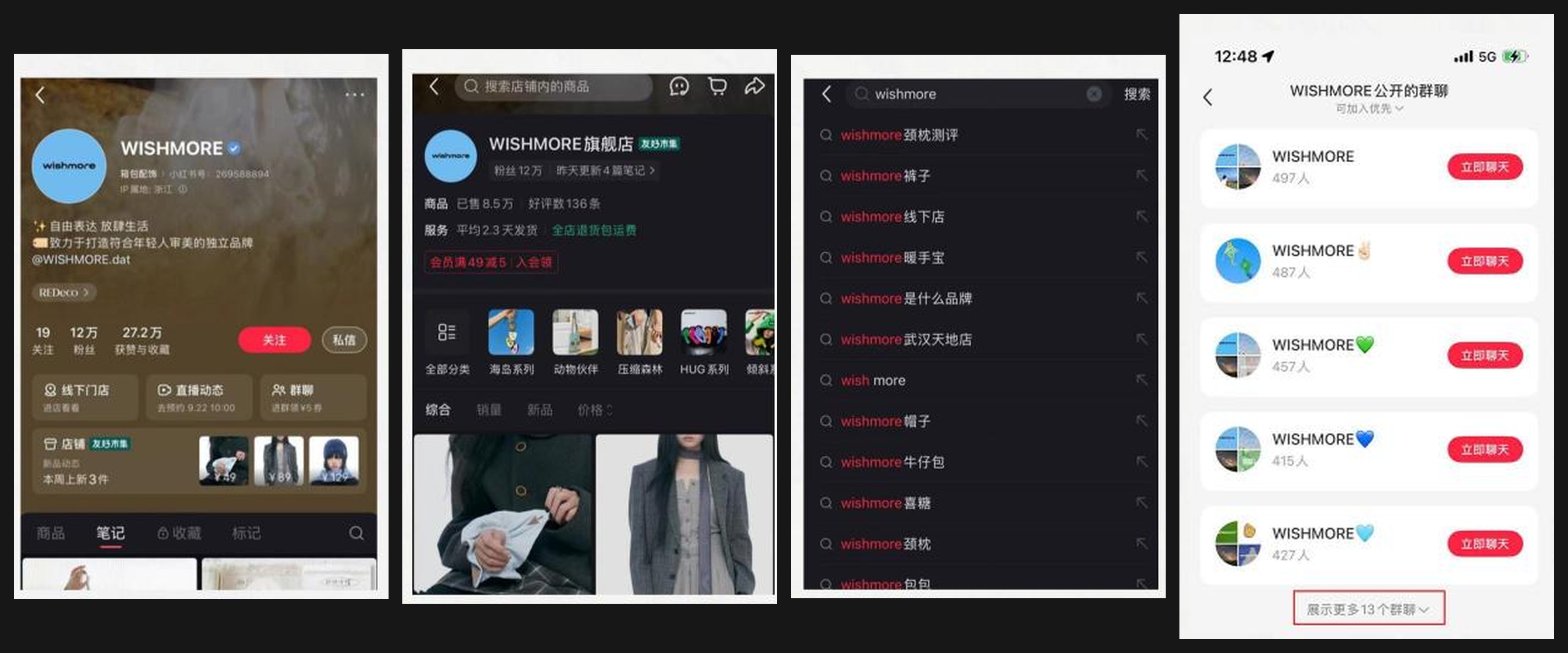 WISHMORE 官方账号、旗舰店搜索和用户群运营完整画面